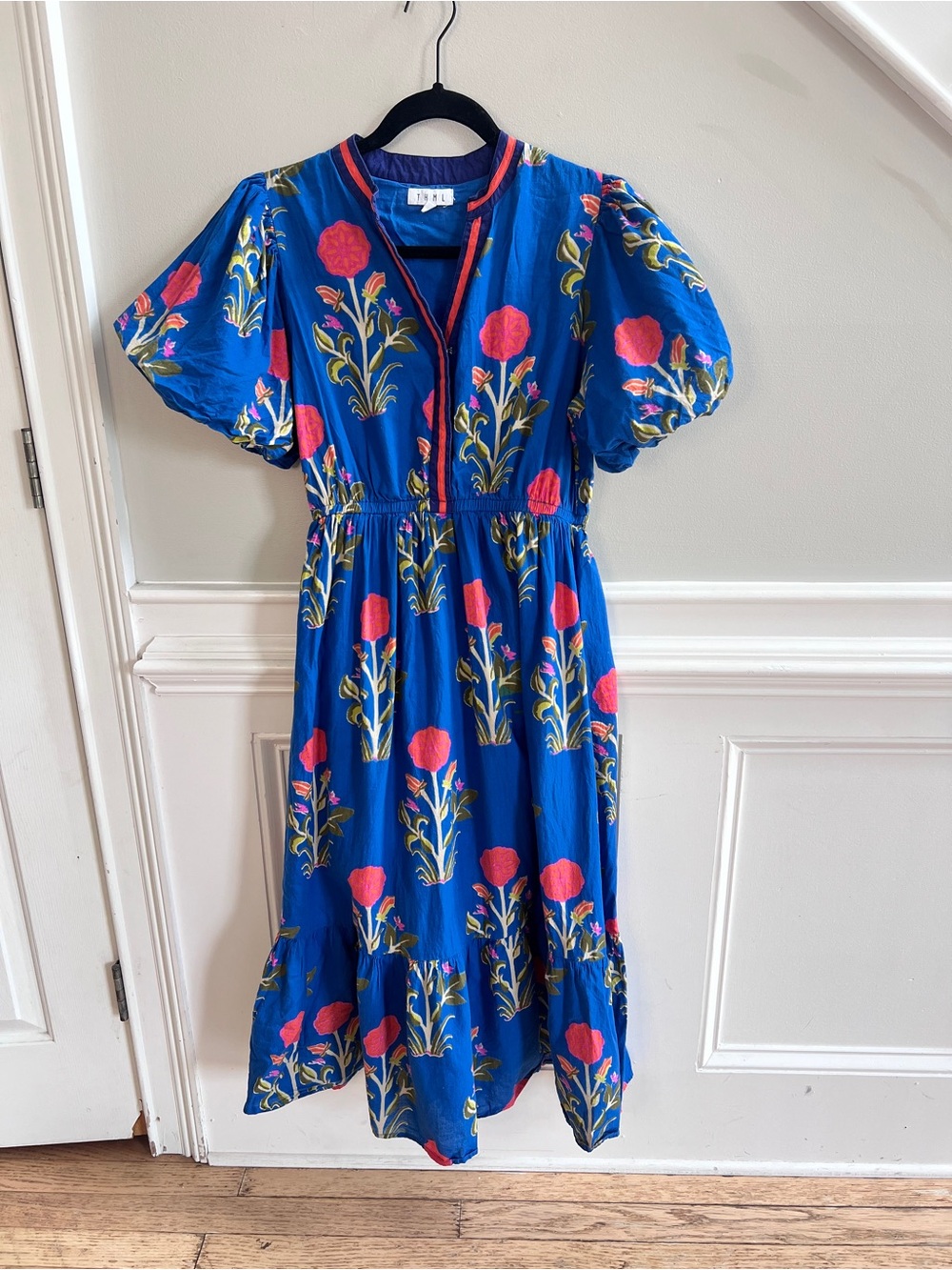 THML Royal Blue Midi Dress with Pink Floral Print